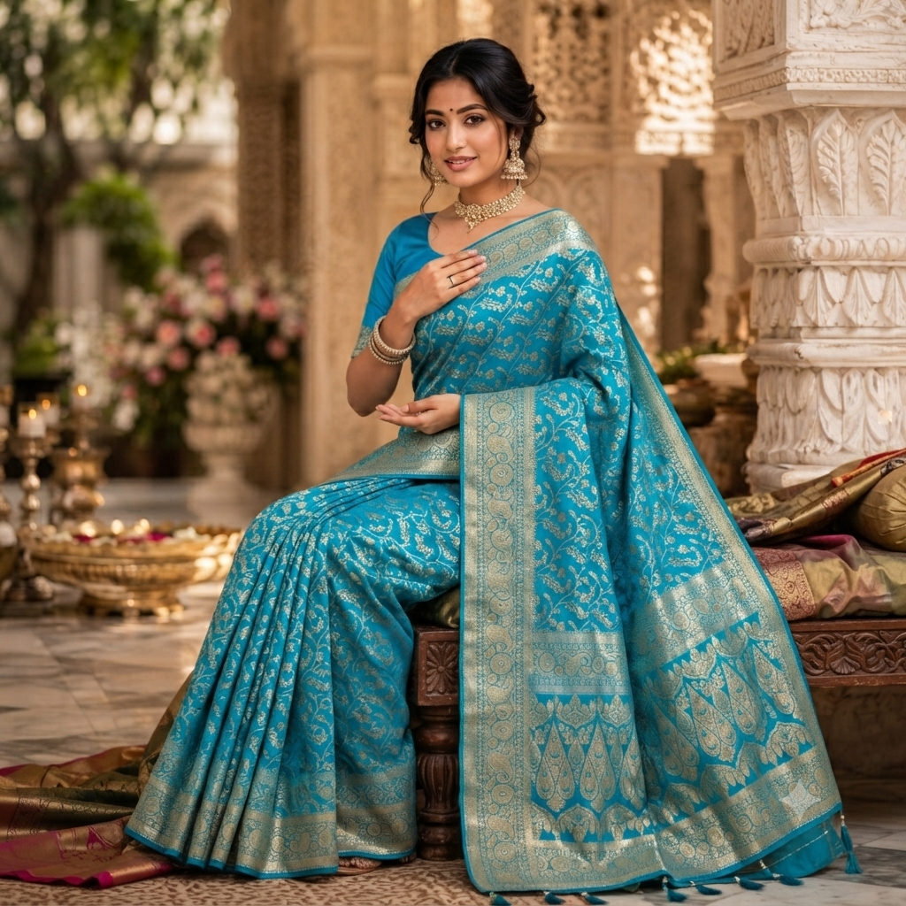 FIROZI BLUE  GOLD BANARASI SILK SAREE