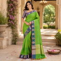 PARROT GREEN KANCHIPURAM SILK SAREE WITH PEACOCK BLUE CONTRAST BORDER
