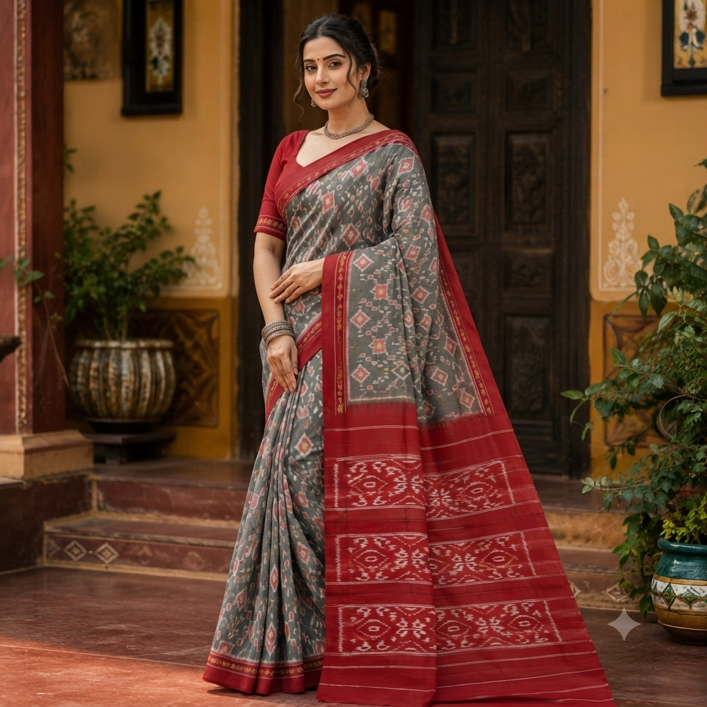 GREY SAMBALPURI HANDLOOM COTTON SAREE