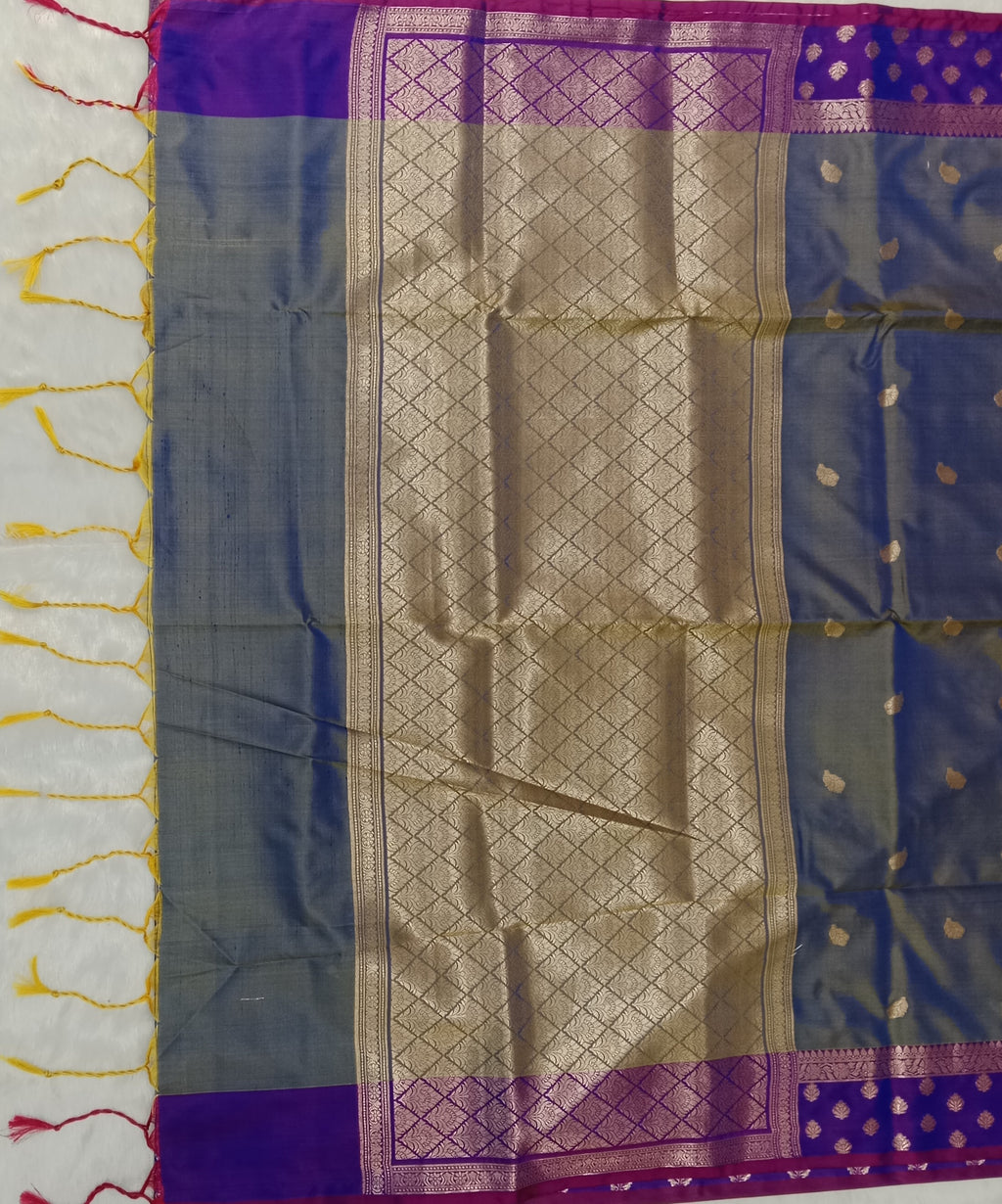 STEEL GREY BANARASI TISSUE SILK SAREE WITH ROYAL PURPLE BORDER