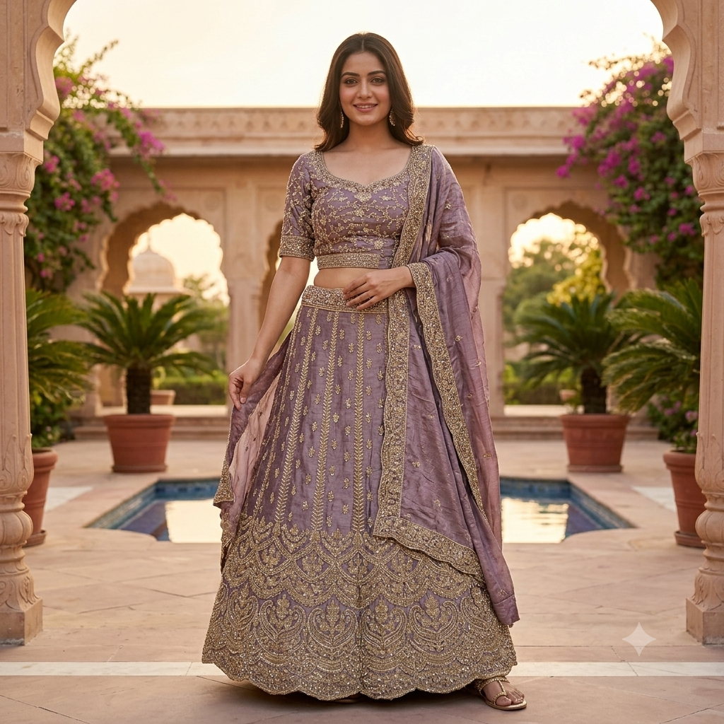 DUSTY LAVENDER LEHENGA WITH GOLD SCALLOP EMBROIDERY