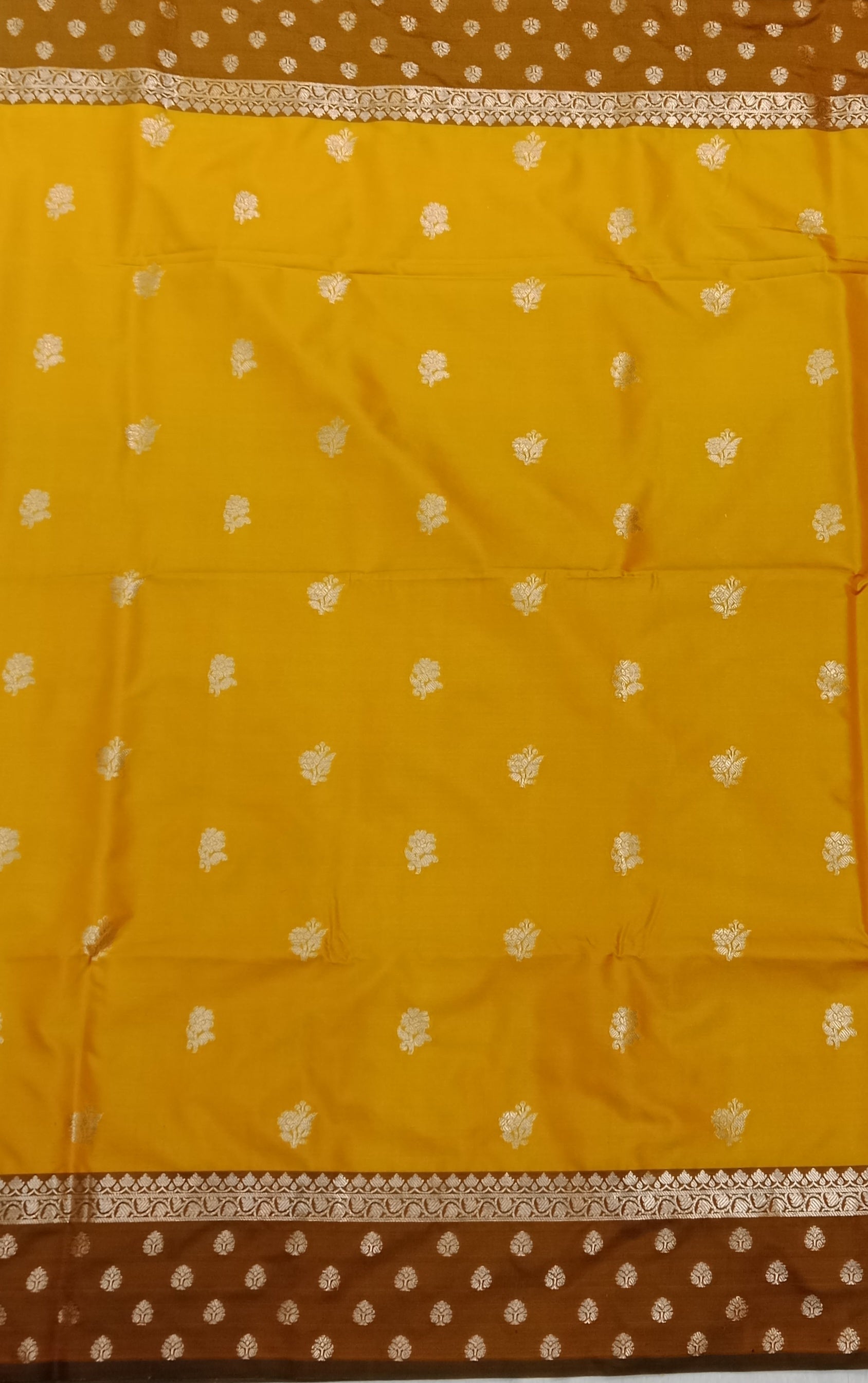 MUSTARD YELLOW BANARASI SILK SAREE WITH CHOCOLATE BROWN CONTRAST BORDER