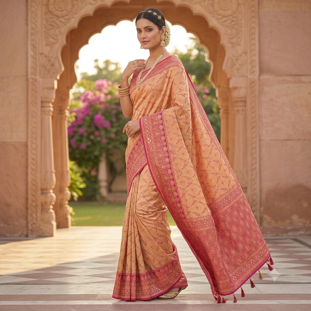 SANDALWOOD BANARASI SILK SAREE WITH CONTRAST RANI PINK