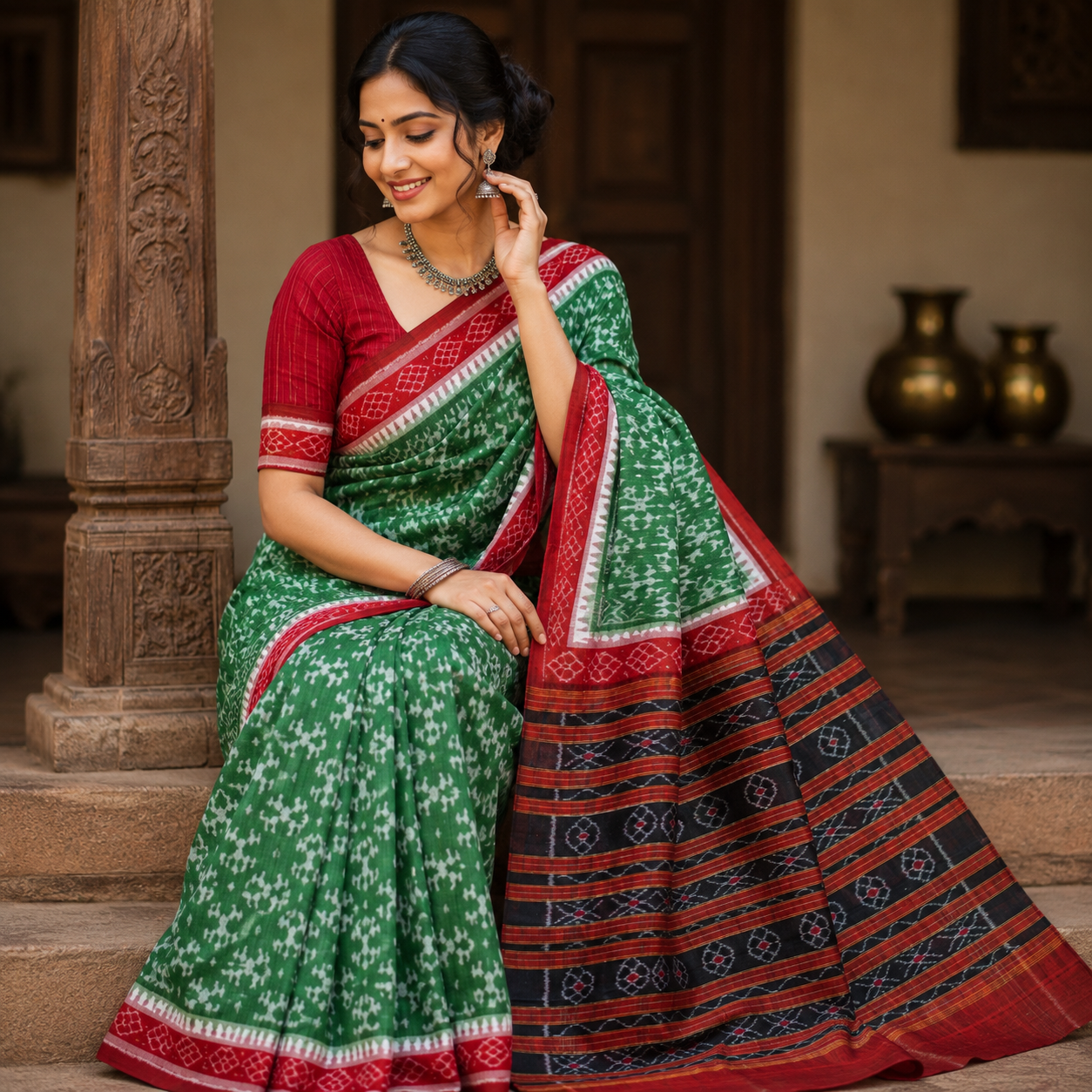 Sea Green Red Pure Sambalpuri Handloom Cotton Saree