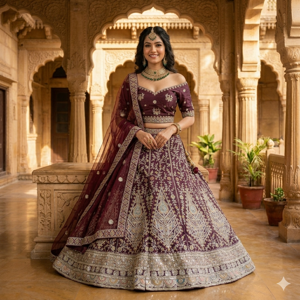 WINE MAROON LEHENGA WITH SILVER GOLD