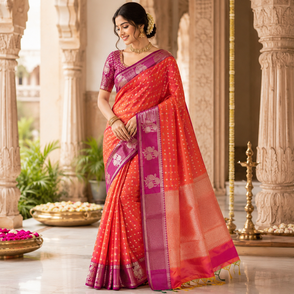 TANGERINE ORANGE KANCHIPURAM SILK SAREE WITH MAGENTA CONTRAST BORDER