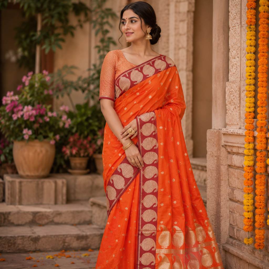 TANGERINE ORANGE BANARASI SILK SAREE WITH MAROON PAISLEY BORDER