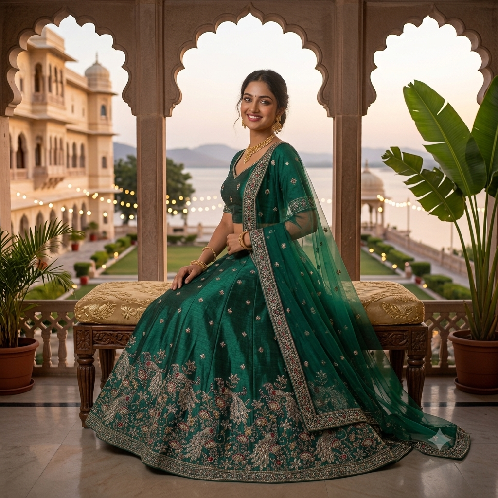 EMERALD GREEN LEHENGA WITH WHITE+ RED PEACOCK BORDER WORK