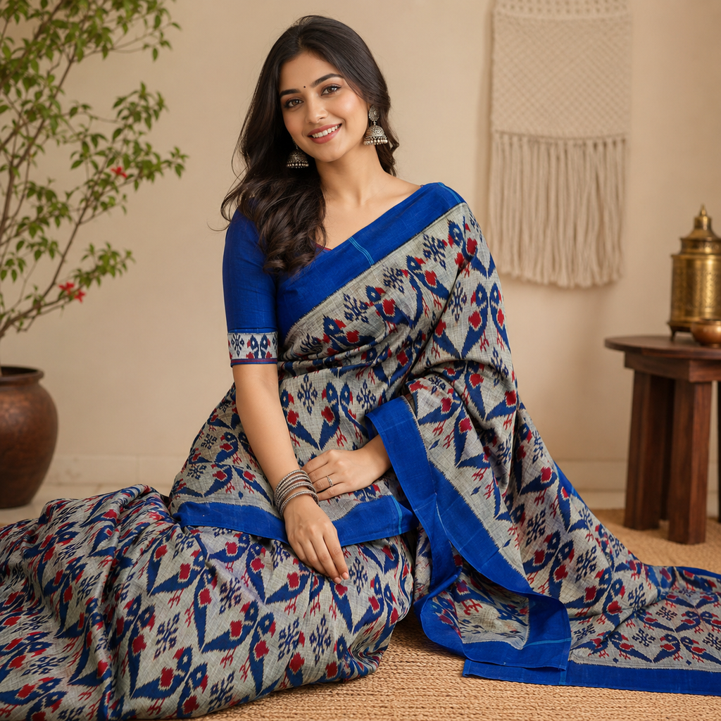 GREY- BLUE IKAT PRINT SAMBALPURI HANDLOOM COTTON SAREE