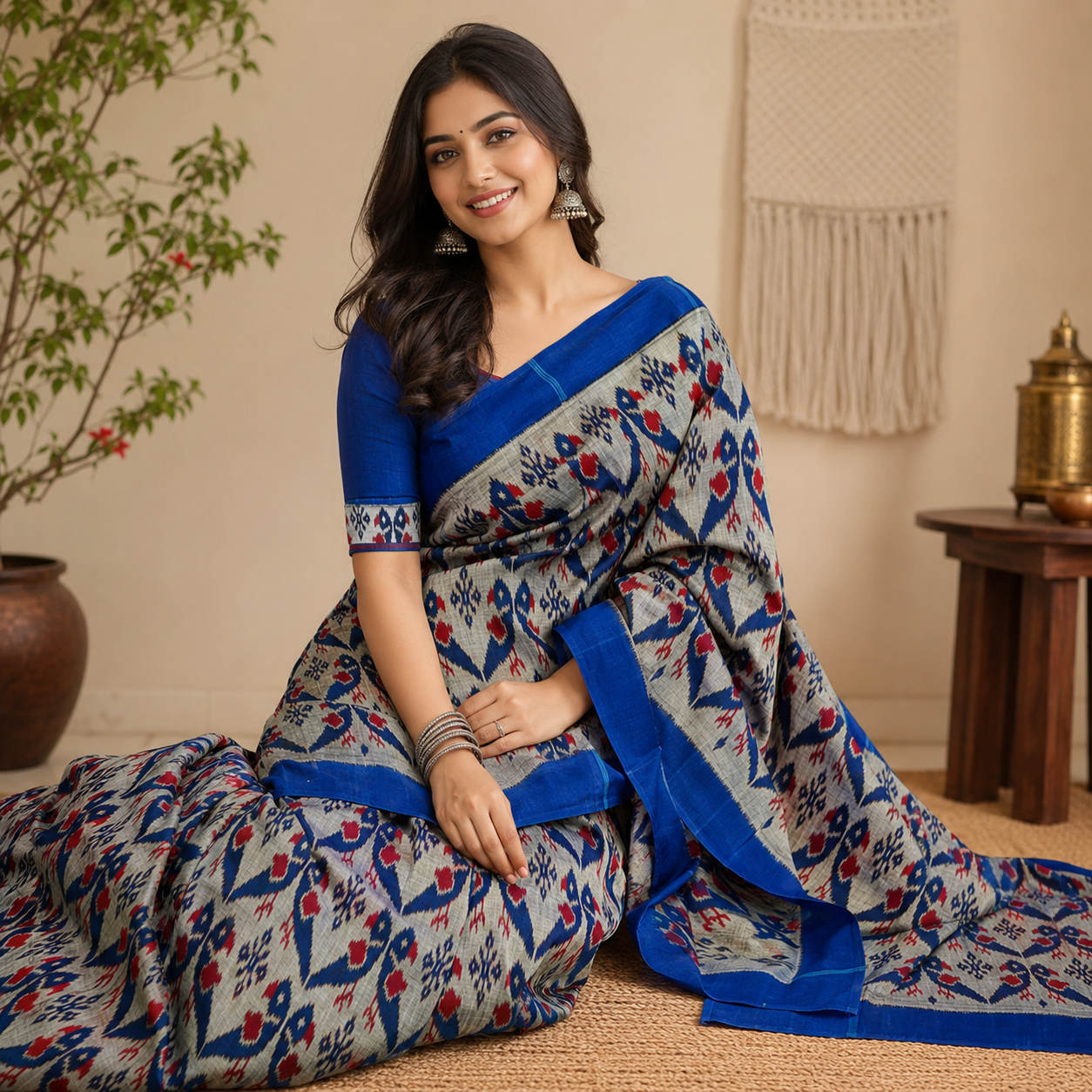 GREY- BLUE IKAT PRINT SAMBALPURI HANDLOOM COTTON SAREE