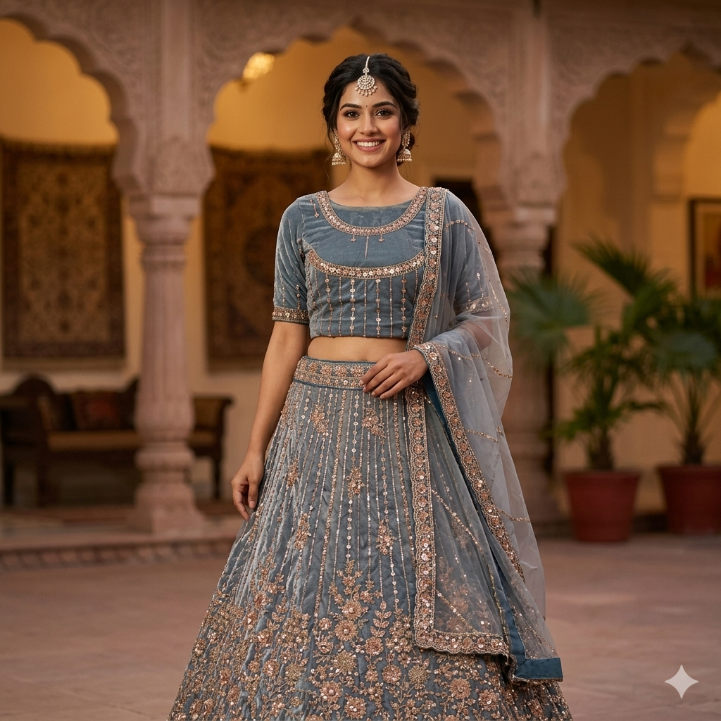 DUSTY BLUE ORGANZA LEHENGA