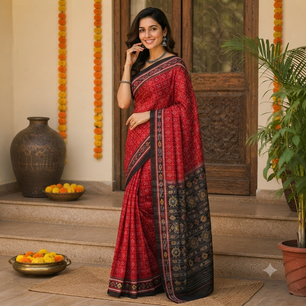 BRIGHT RED SAMBALPURI HANDLOOM COTTON SAREE