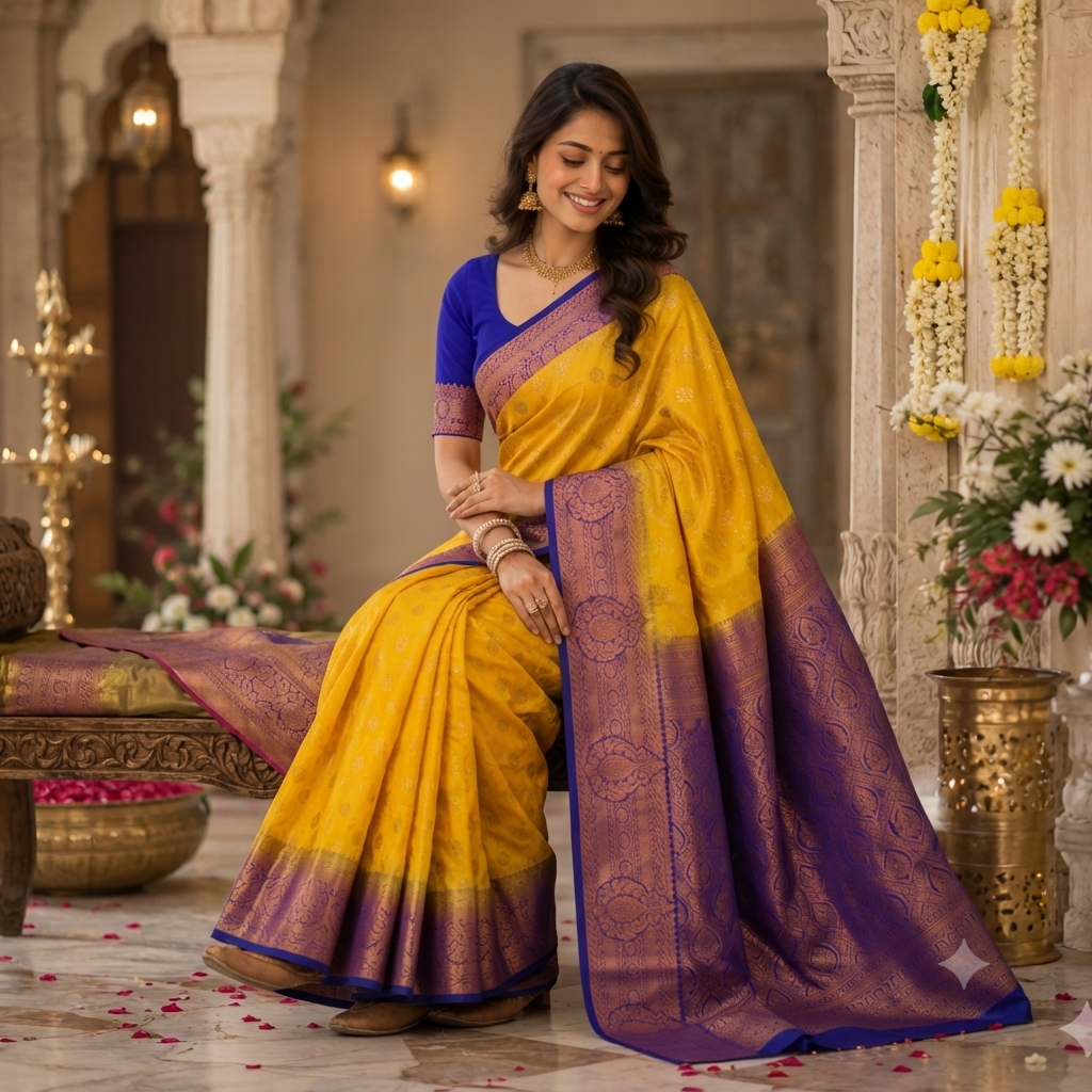 MANGO YELLOW ROYAL PURPLE KANCHIPURAM SILK SAREE