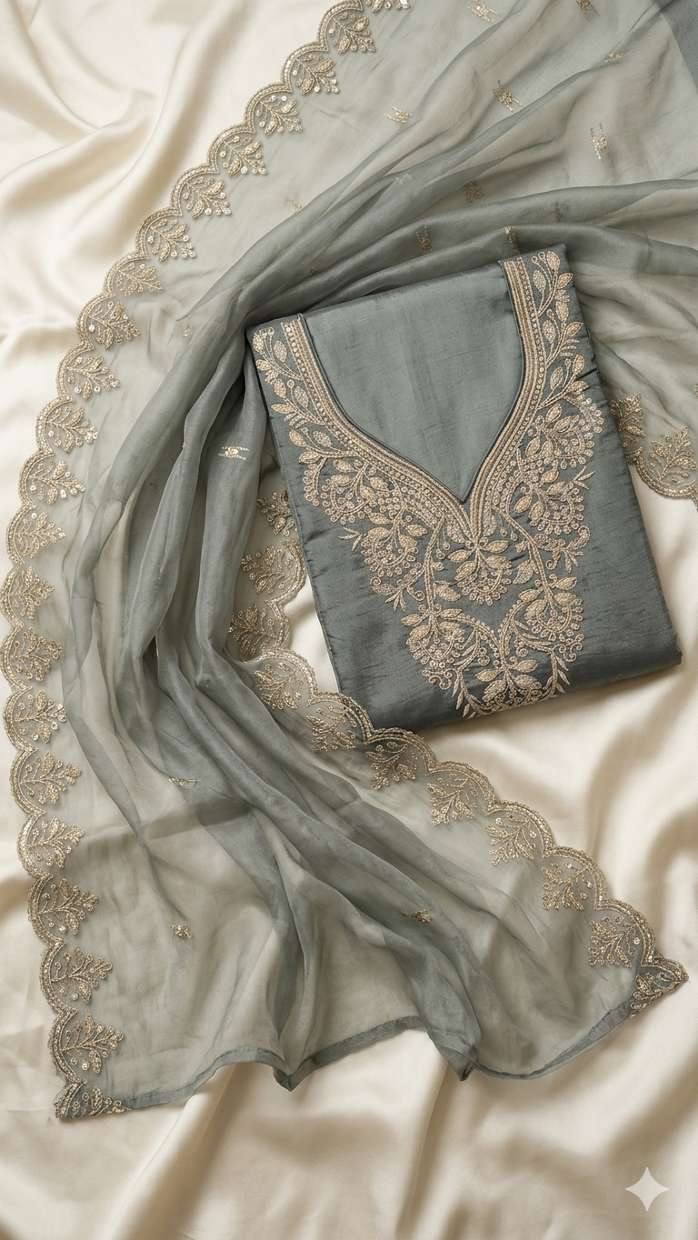 DUSTY BLUE GREY EMBROIDERED DRESS MATERIAL