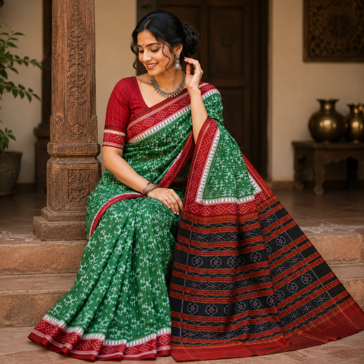 Sea Green Red Pure Sambalpuri Handloom Cotton Saree