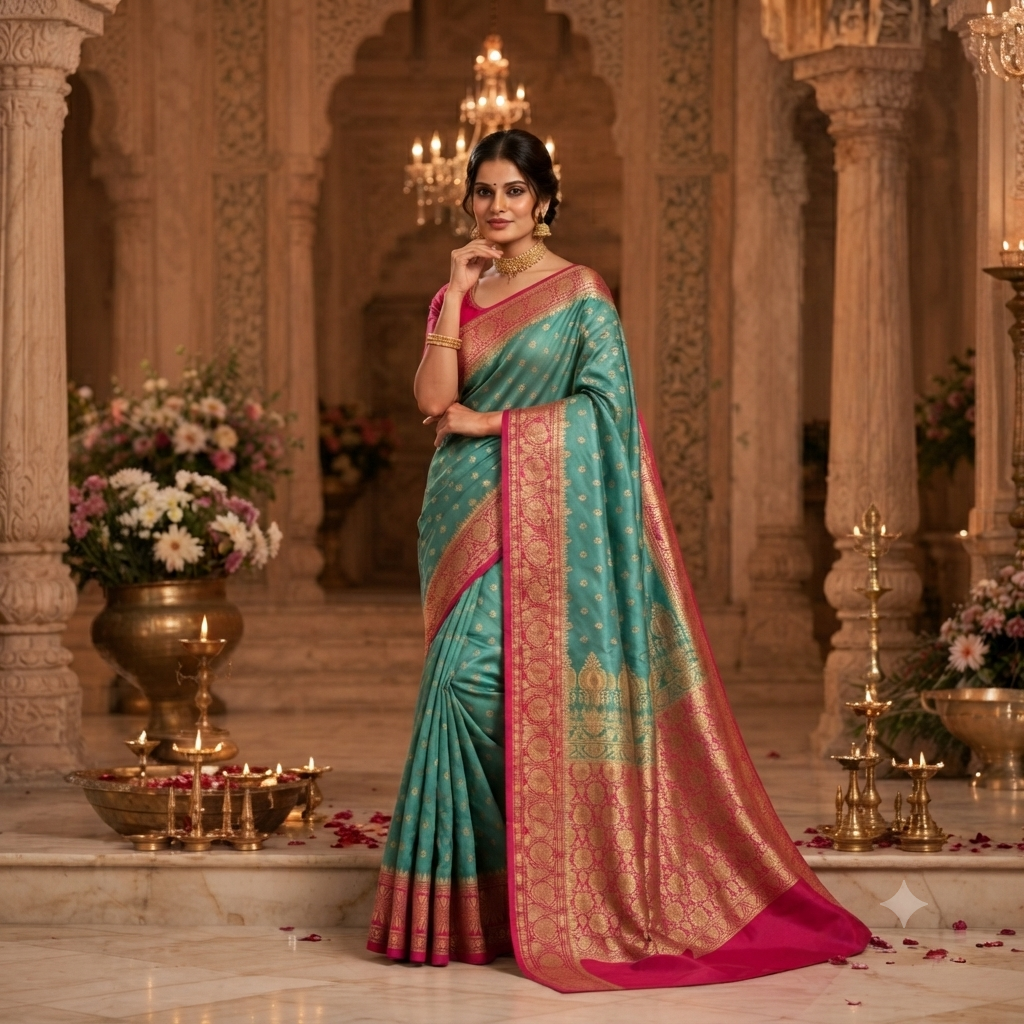 SEA - GREEN RANI PINK BANARASI SILK SAREE