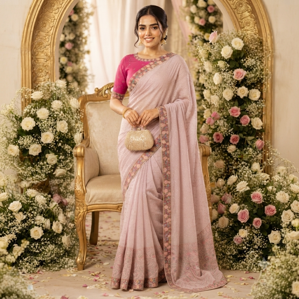 BLUSH PINK CHIKANKARI/EMBROIDERED ORGANZA SAREE