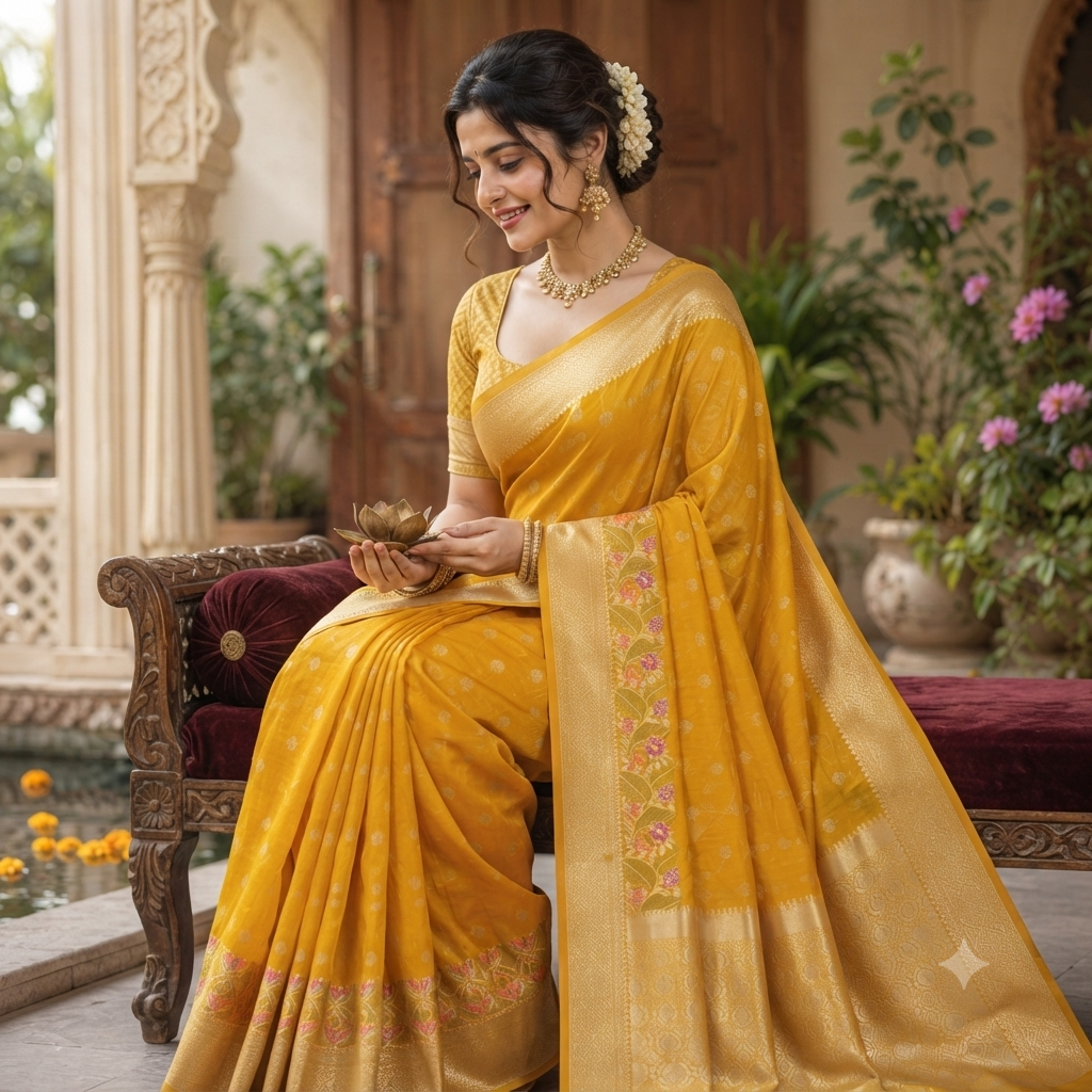 MUSTARD YELLOW BANARASI CHANDERI SILK SAREE