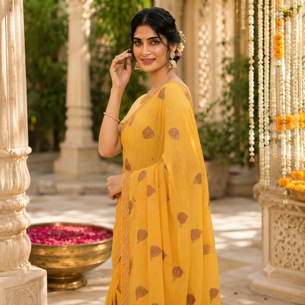 MUSTARD YELLOW CHIKANKARI/EMBROIDERED GEORGETTE SAREE