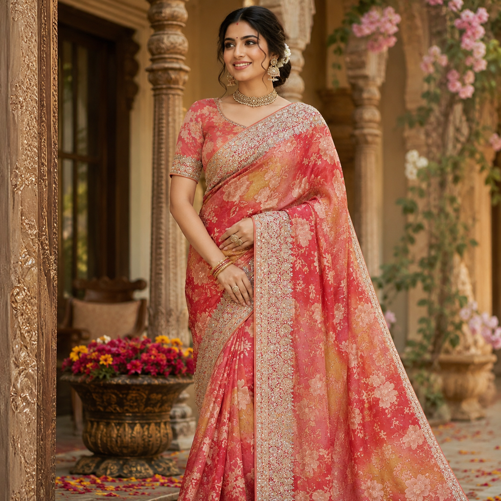 CORAL PEACH FLORAL SAREE