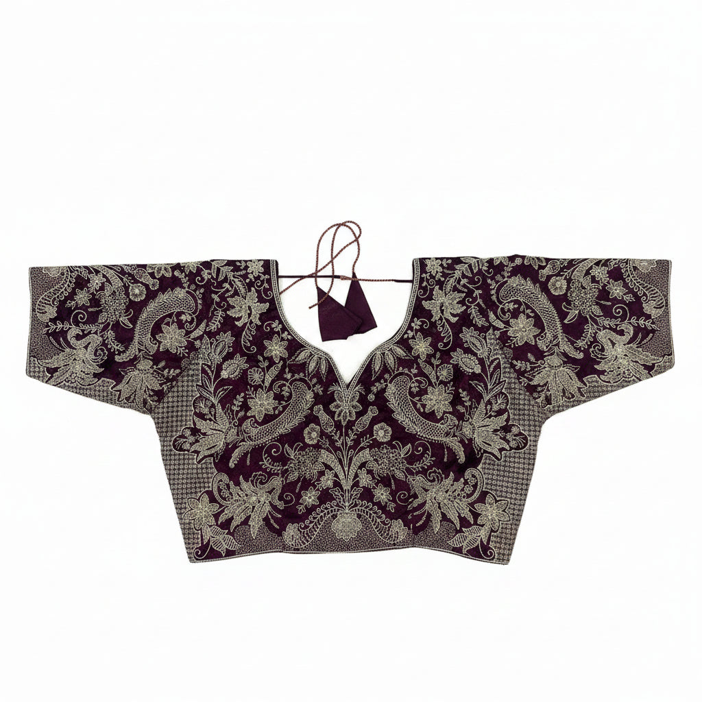 DEEP AUBERGINE PURPLE SAREE WITH HEAVY GOLD PAISLEY BORDER