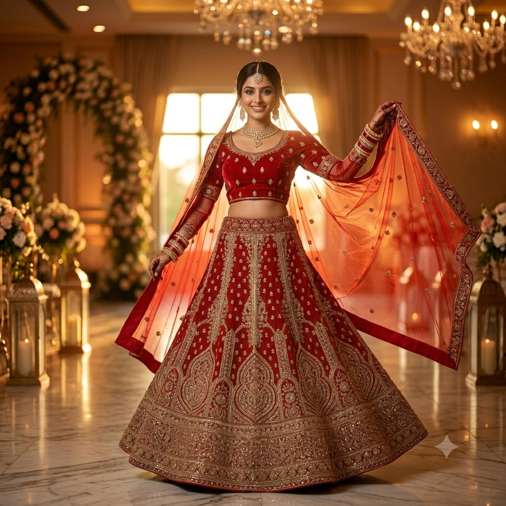 RED VELVET LEHENGA WITH INTRICATE GOLD ZARDOZI