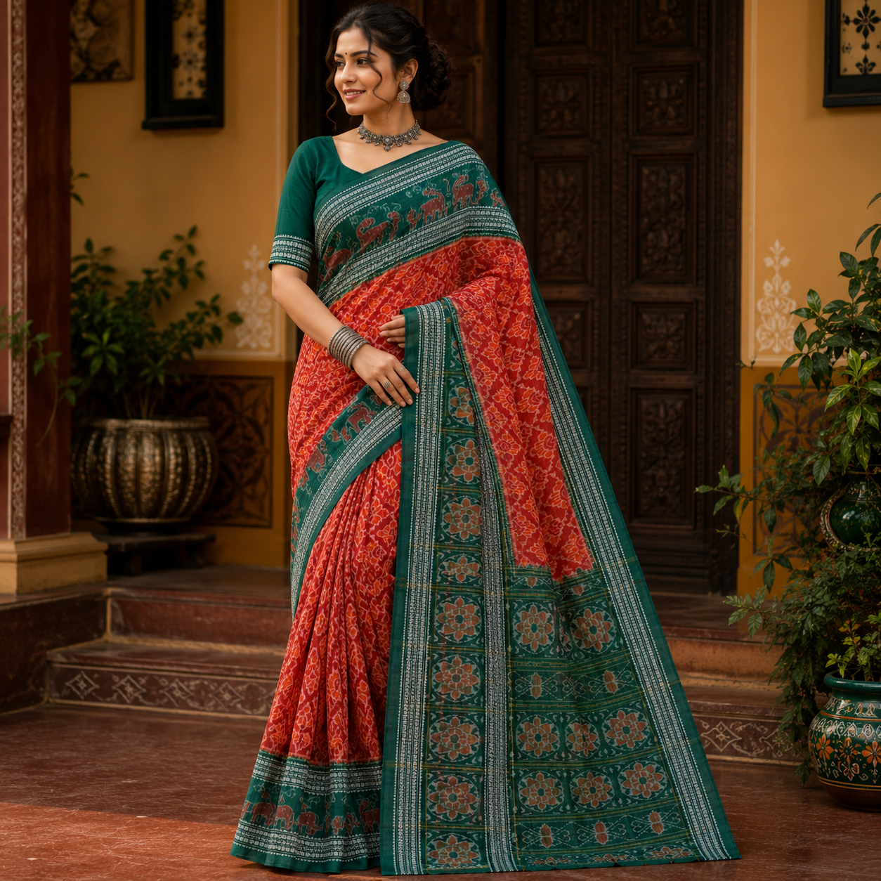 RUST ORANGE PATOLA PRINT SAMBALPURI HANDLOOM COTTON SAREE