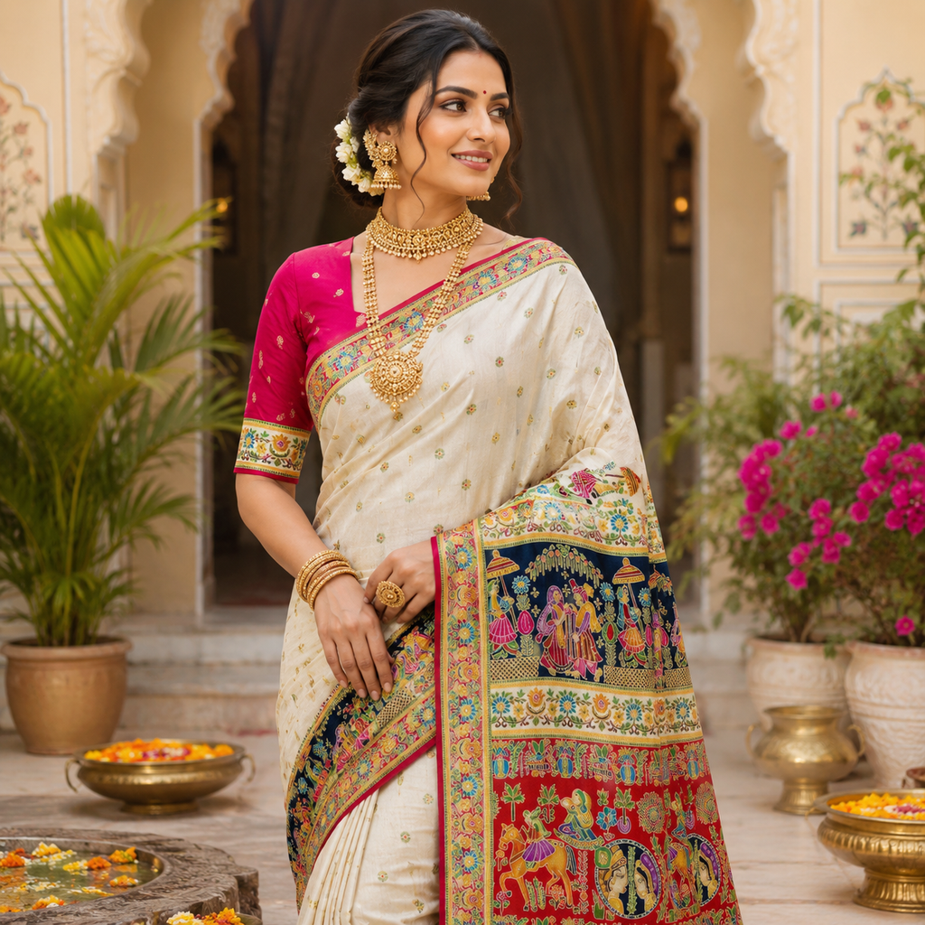 OFF- WHITE MULTICOLOUR PATAN STYLE SAREE