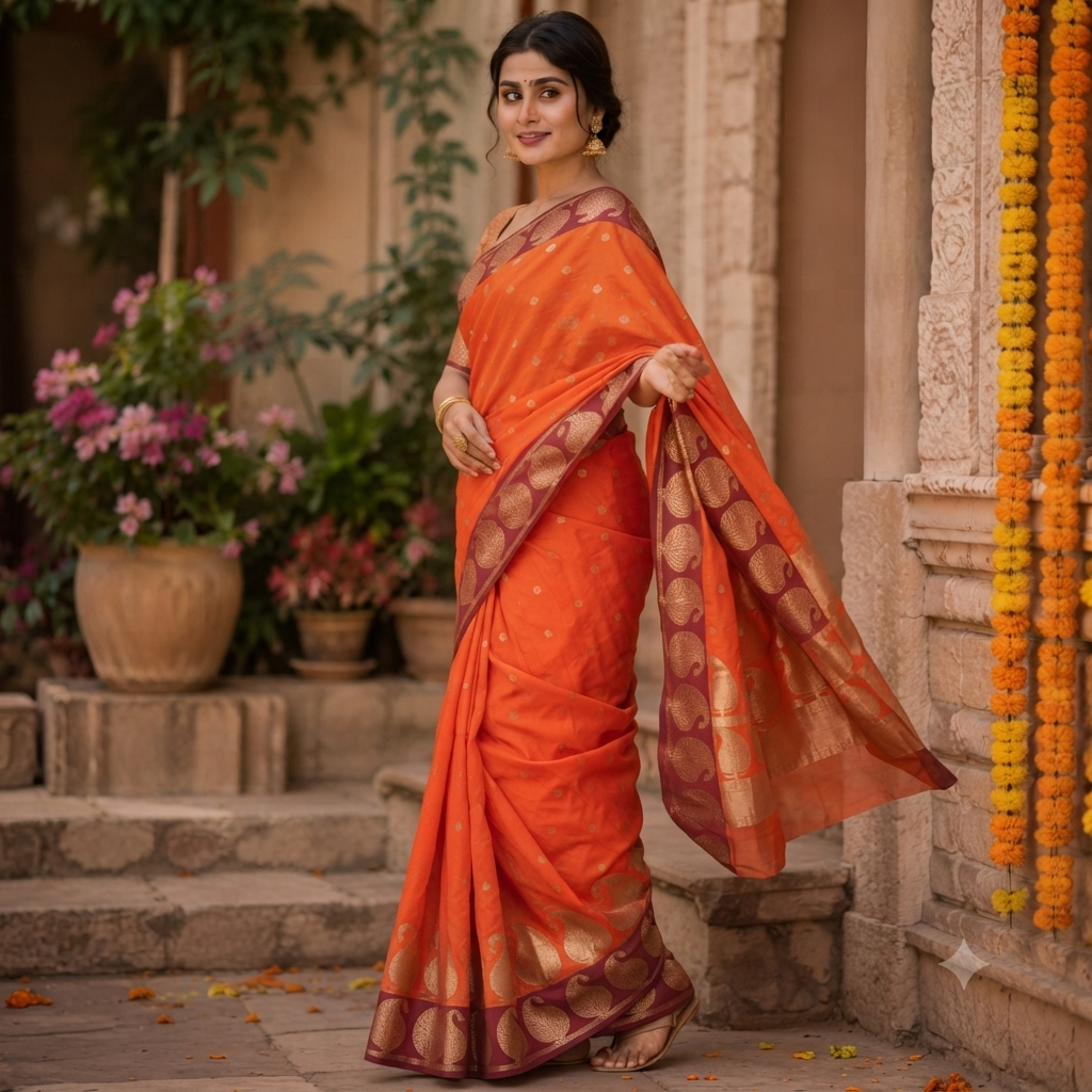 TANGERINE ORANGE BANARASI SILK SAREE WITH MAROON PAISLEY BORDER