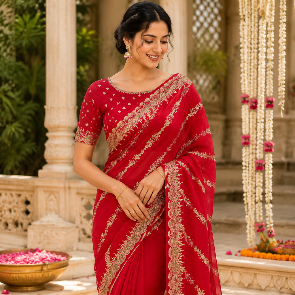 RED EMBROIDERED SAREE