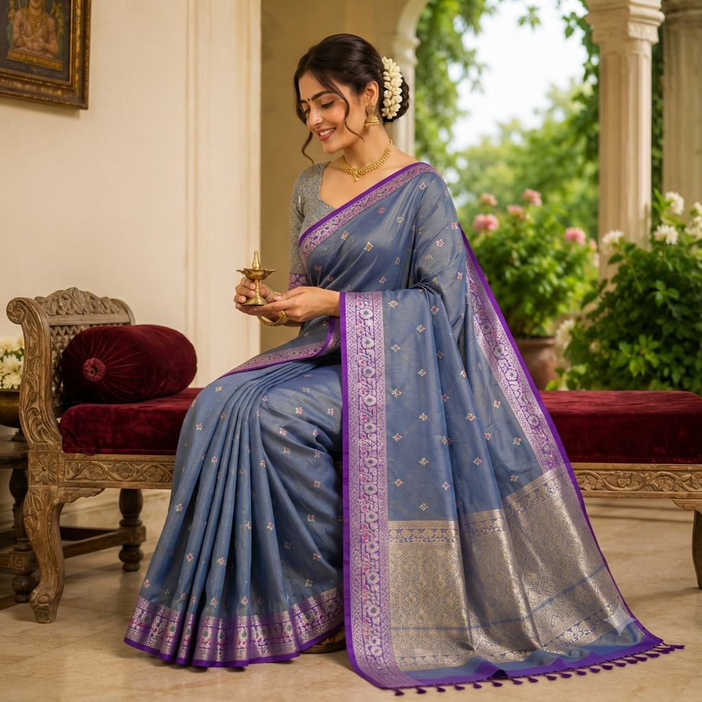 DUSTY BLUE BANARASI TISSUE SILK SAREE