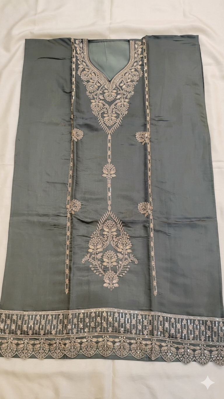 DUSTY BLUE GREY EMBROIDERED DRESS MATERIAL