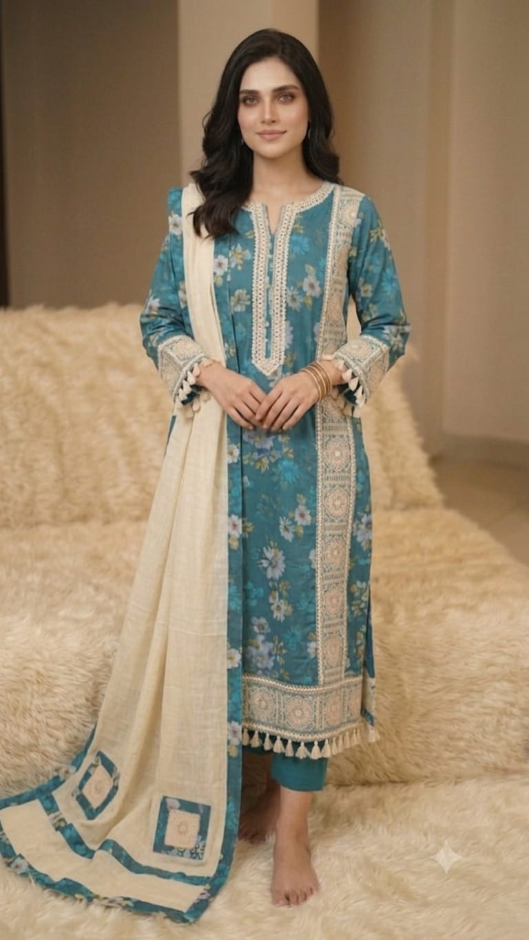 TEAL BLUE WITH CREAM DUPATTA EMBROIDERED DRESS MATERIAL