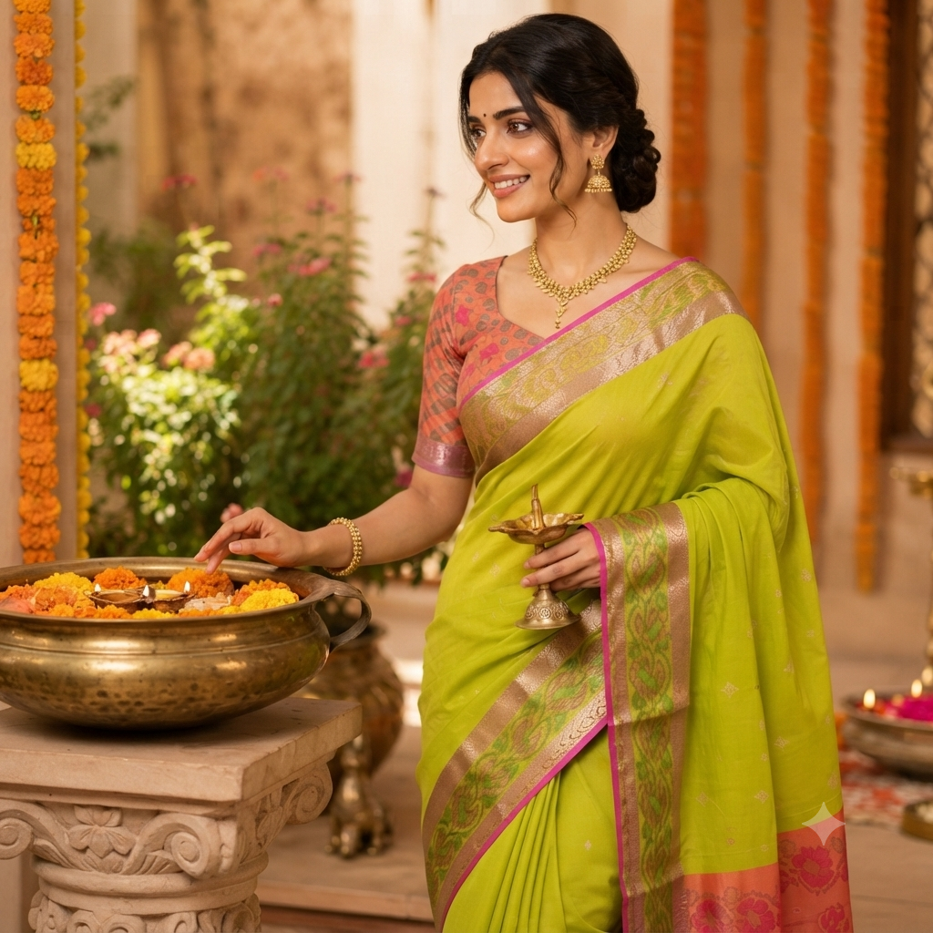 LIME GREEN GADWAL COTTON - SILK SAREE WITH CONTRAST CORAL PINK PALLU