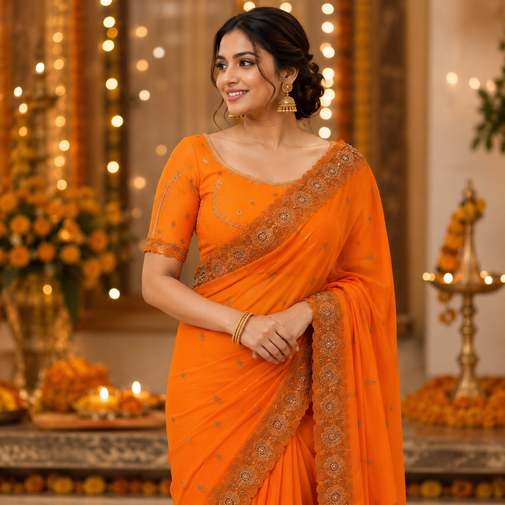 BRIGHT TANGERINE GEORGETTE SAREE WITH ZARI+ CUTDANA BORDER WORK