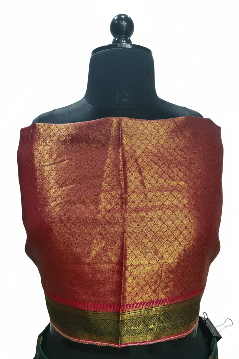 BOTTLE GREEN LEHENGA WITH GOLD ZARI  STRIPES WITH RED-ORANGE KANJIVARAM BORDER