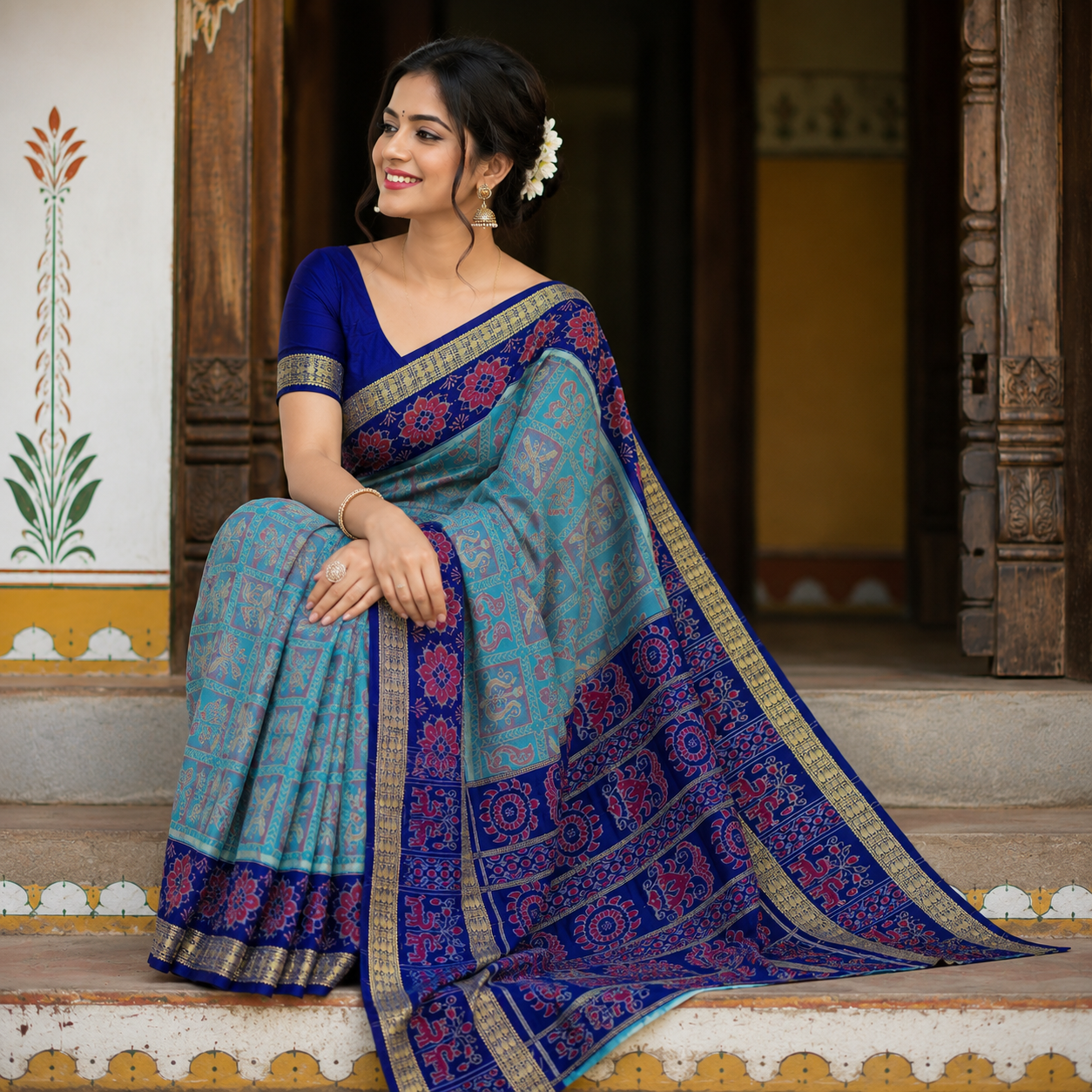 Royal Blue  Chakra Pure Sambalpuri Handloom Cotton Saree