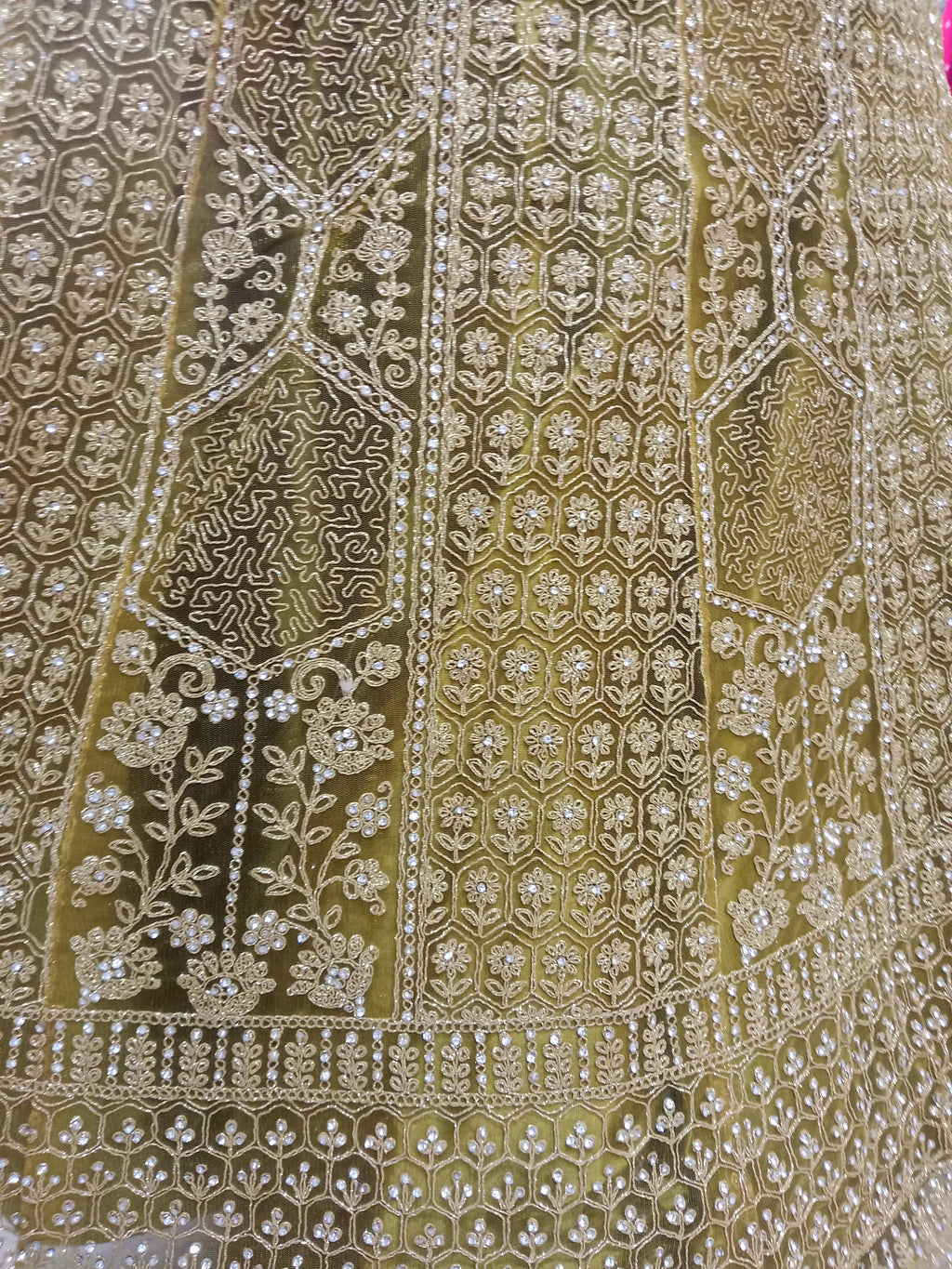 OLIVE GREEN LEHENGA WITH ALL- OVER GOLD ZARI WORK