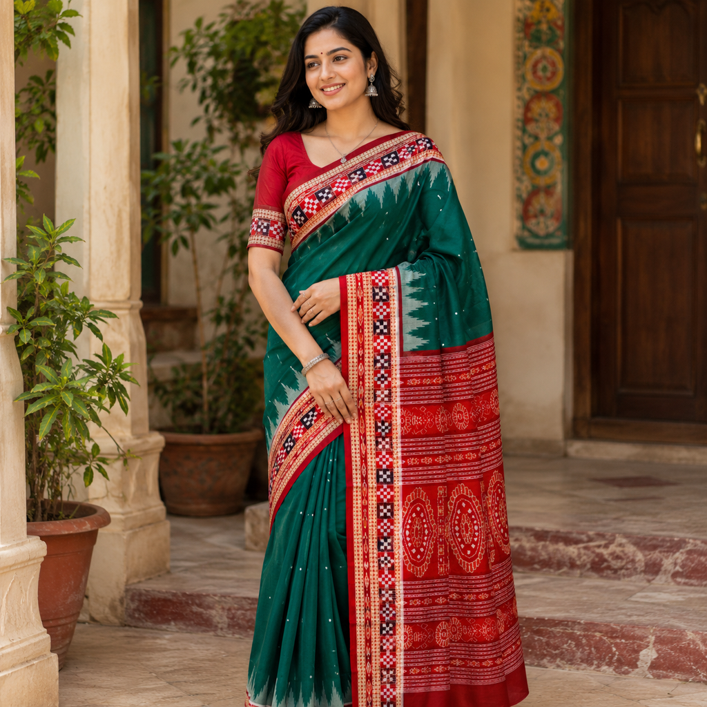BOTTLE GREEN SAMBALPURI HANDLOOM COTTON SAREE