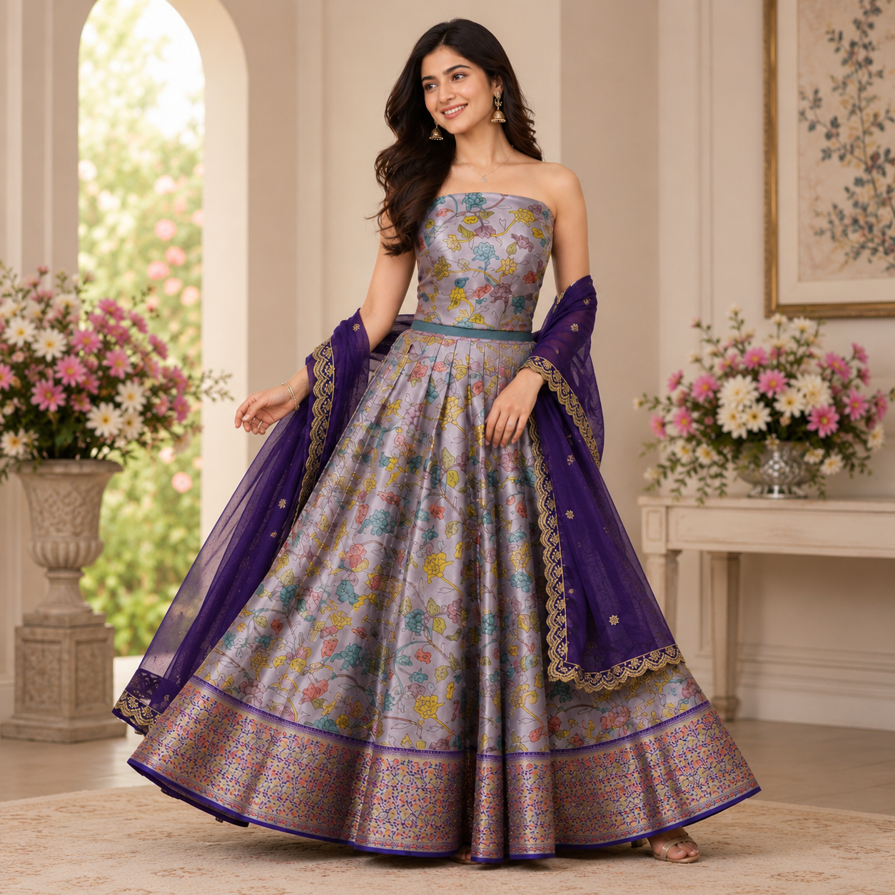 LAVENDER- SILVER LEHENGA WITH MULTICOLOUR FLORAL JAAL PRINT+ THAT RICH BROCADE BORDER