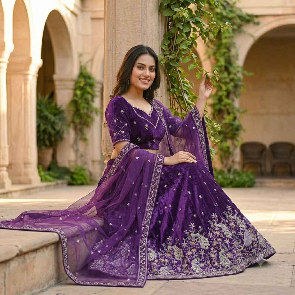 PURPLE VELVET DESIGNER LEHENGA