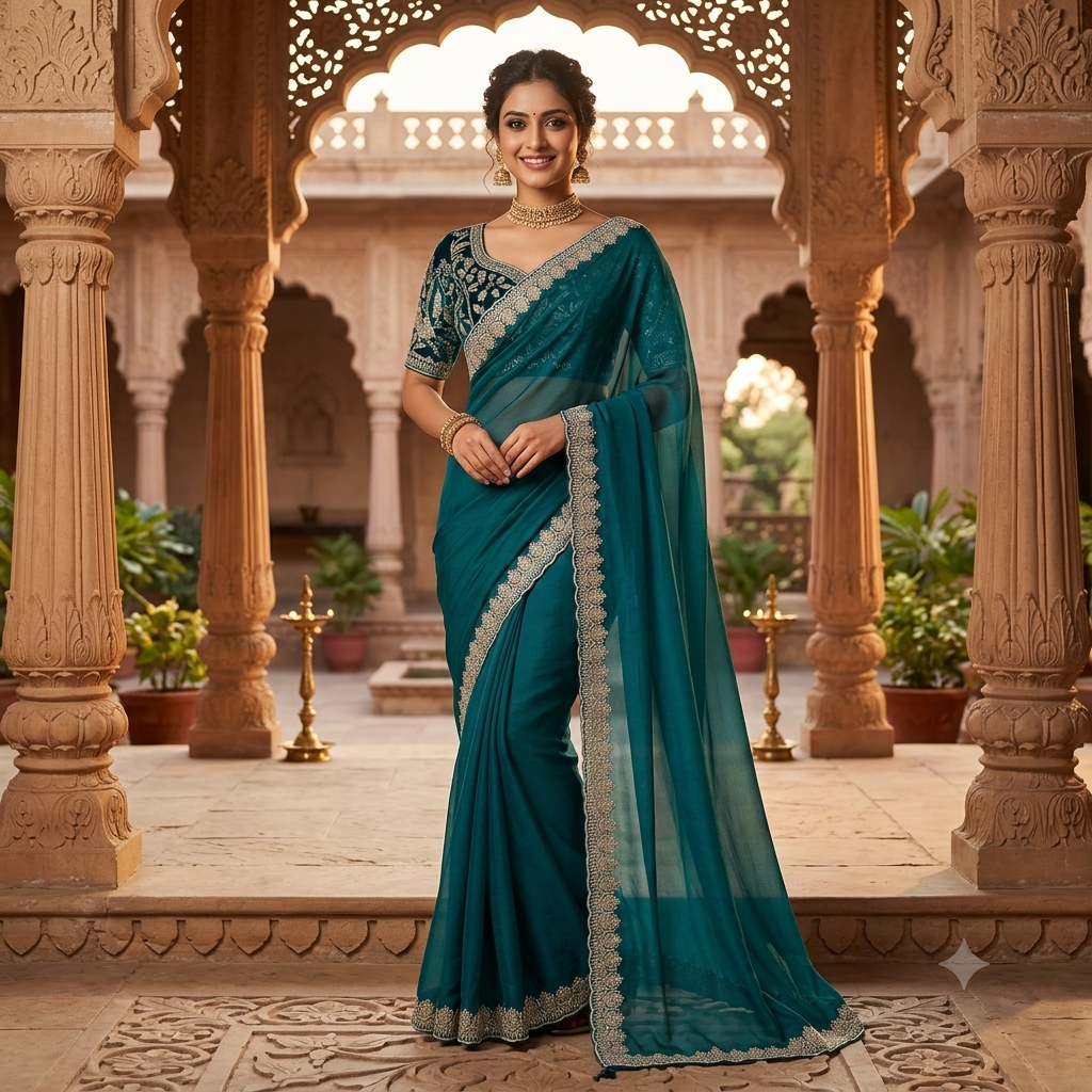 TEAL GEORGETTE SAREE WITH SILVER SCALLOP BORDER