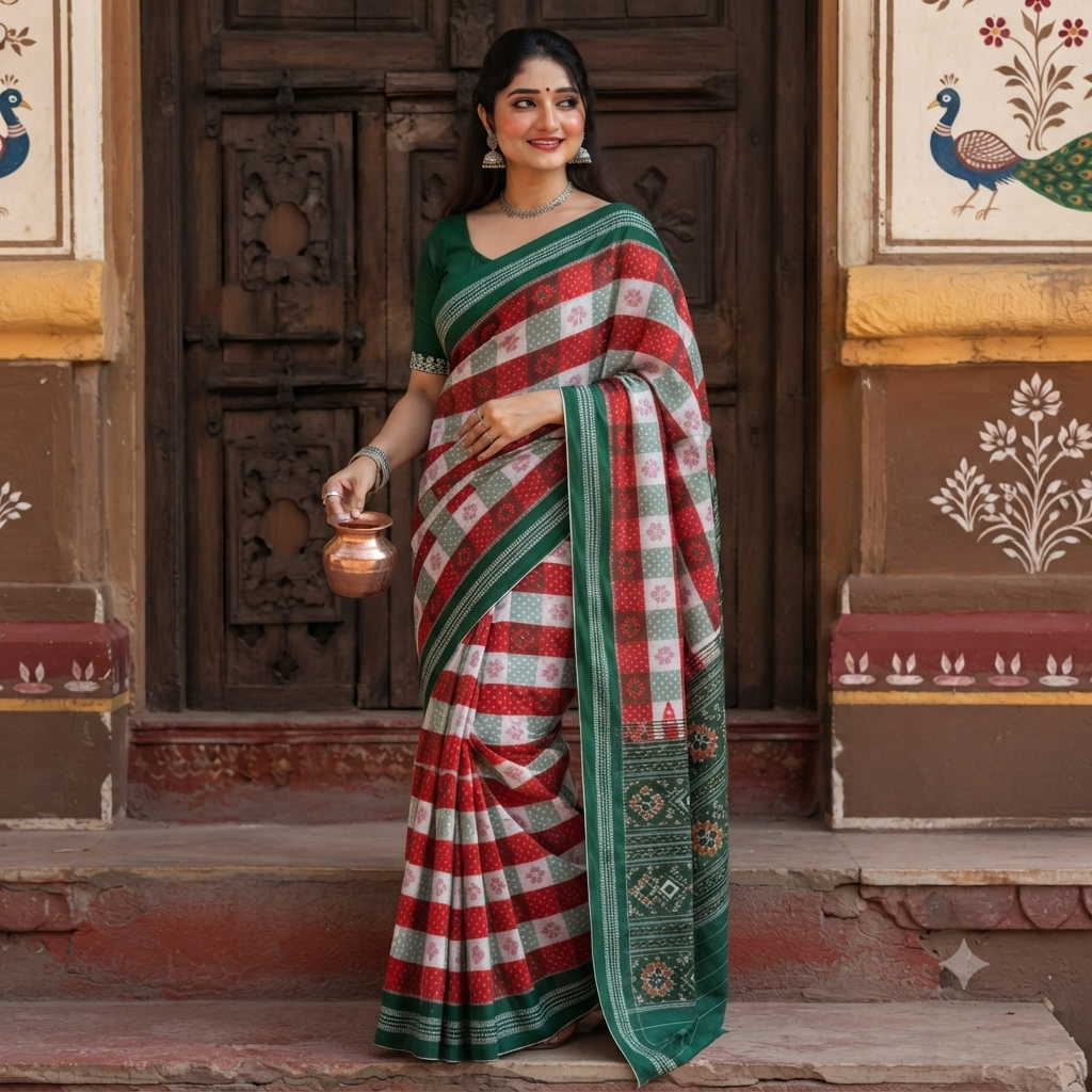 RED AND WHITE STRIPED SAMBALPURI HANDLOOM COTTON SAREE