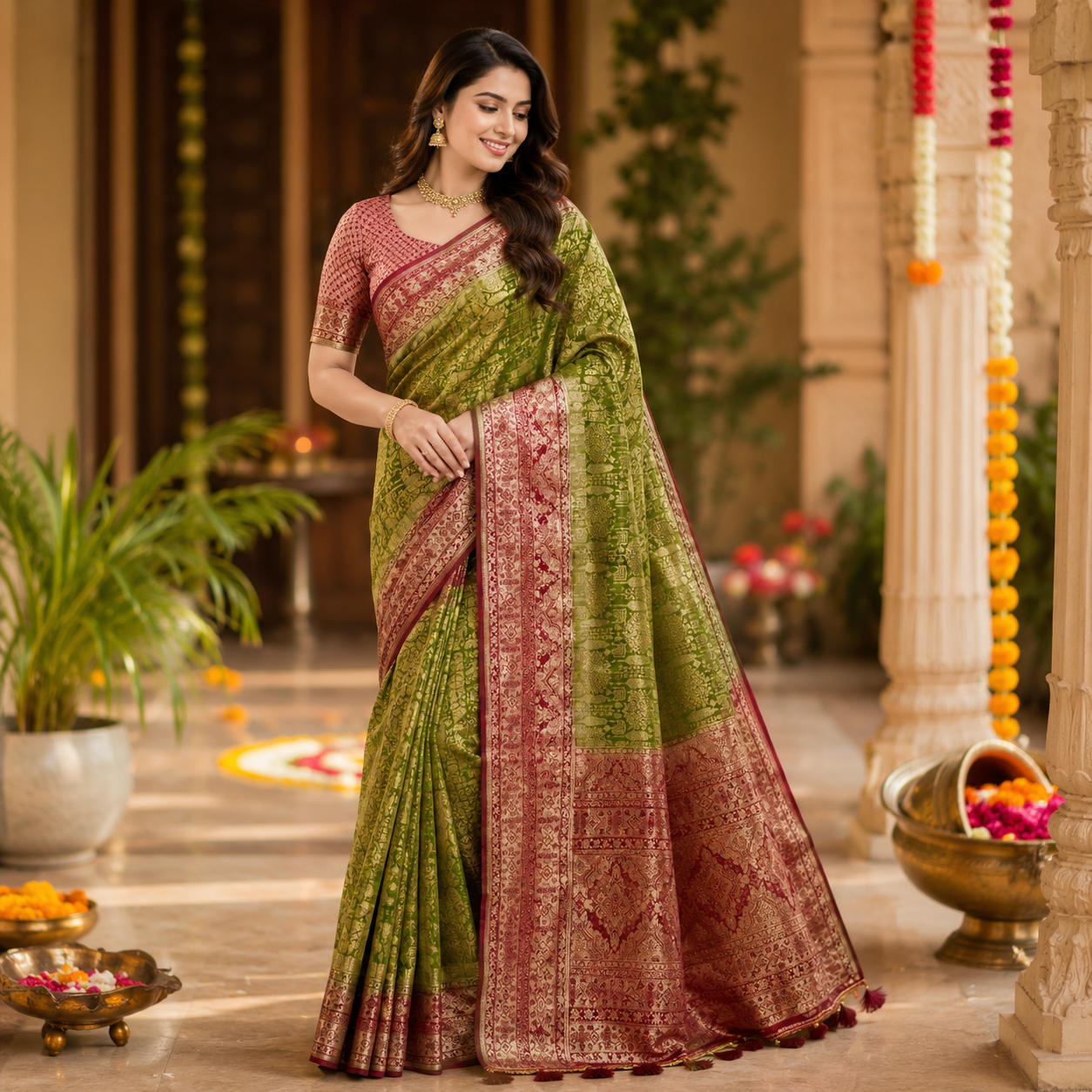 MEHENDI -GREEN KANCHIPURAM SILK SAREE