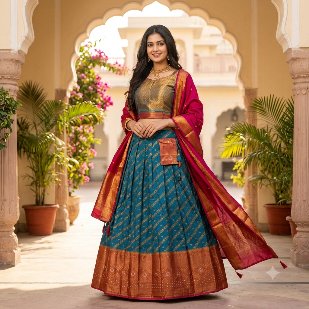 TEAL BLUE LEHENGA WITH GOLD ZARI  STRIPES WITH COPPER BROCADE BORDER