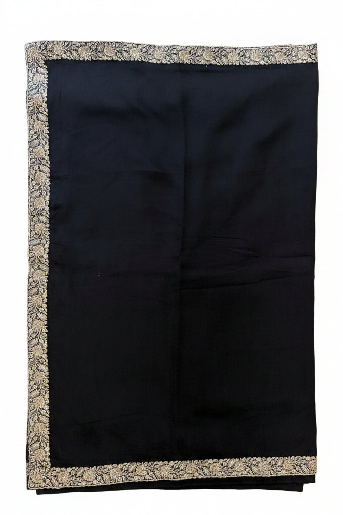 BLACK SAREE WITH HEAVY SILVER ZARI BORDER+EMBROIDERED BLOUSE