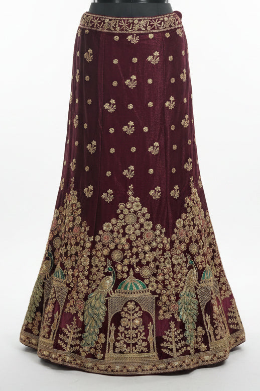 WINE PEACOCK WORK LEHENGA