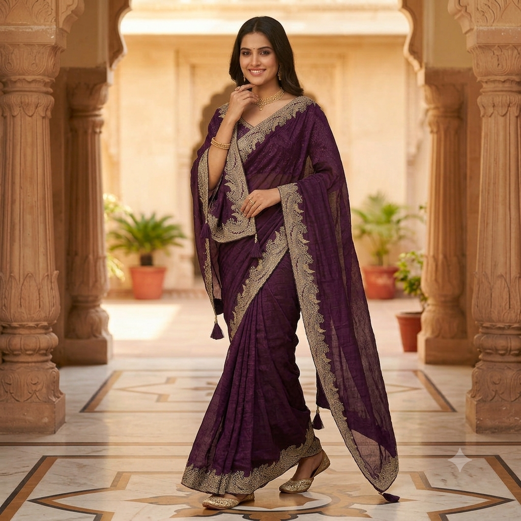 DEEP AUBERGINE PURPLE SAREE WITH HEAVY GOLD PAISLEY BORDER