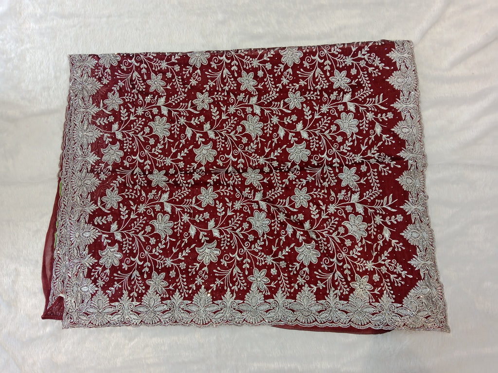WINE SILVER CHIKANKARI SAREE