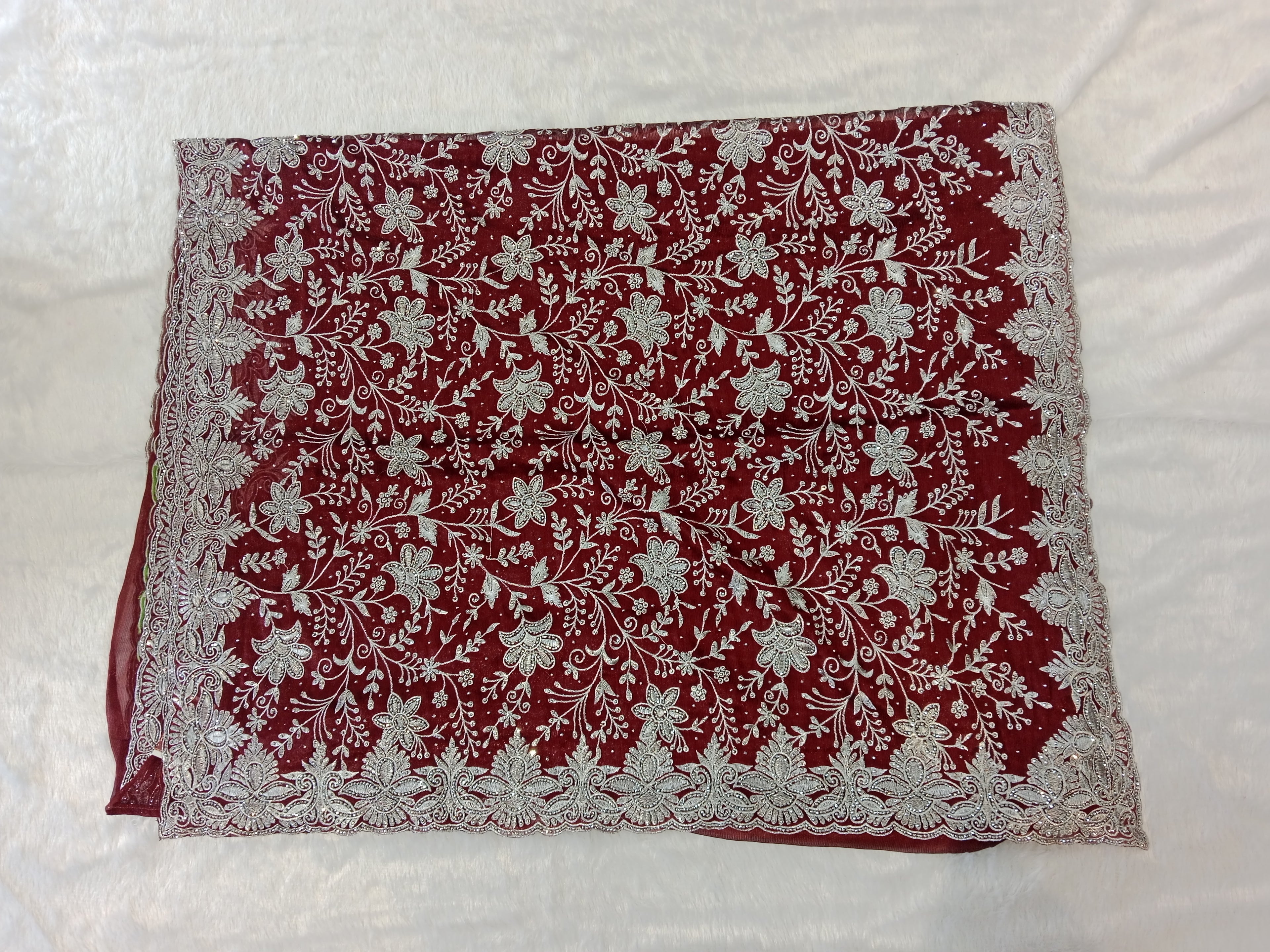 WINE SILVER CHIKANKARI SAREE
